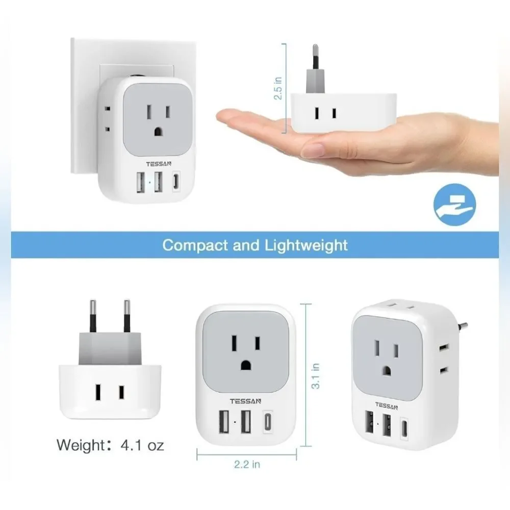 European Travel Plug Adapter USB C, TESSAN International Plug Adapter with 4 AC
